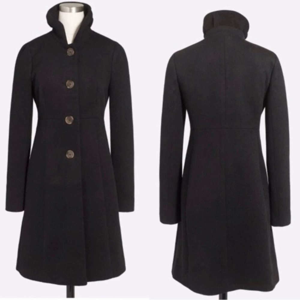 J. Crew Uptown Dress Coat Size 0 Wool Blend Long Stand Collar Peacoat Black